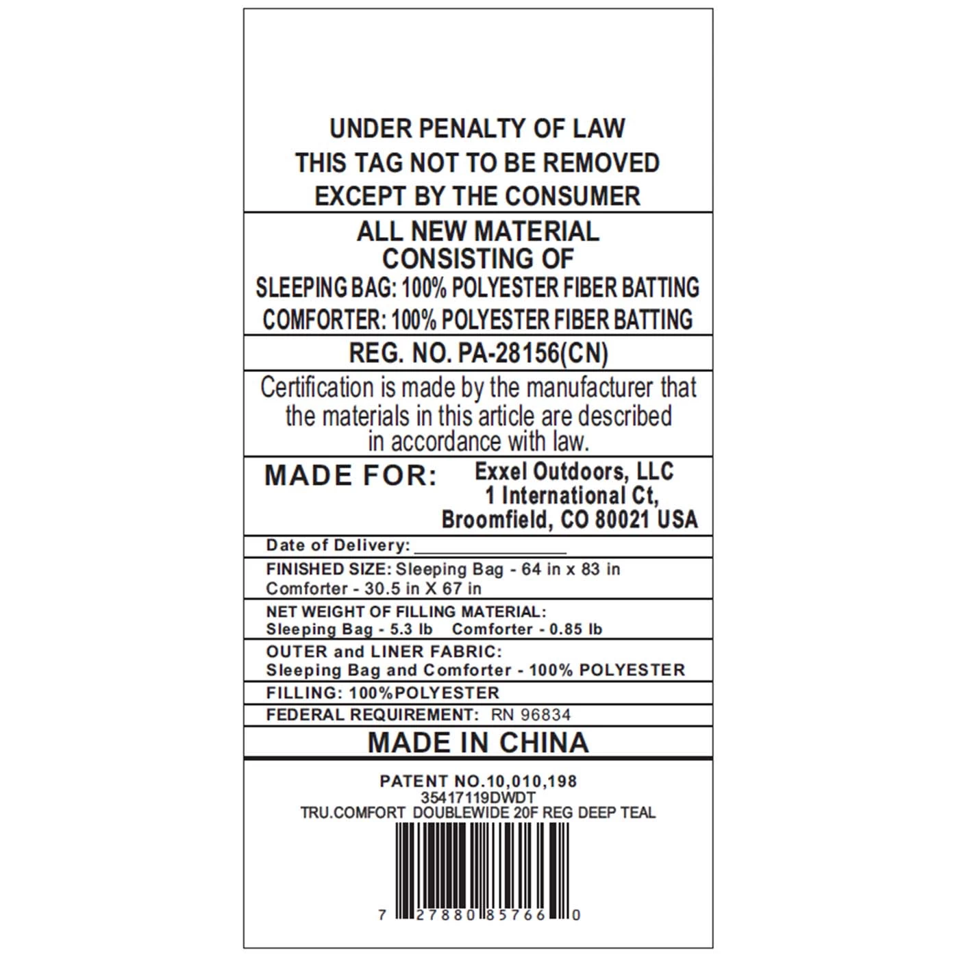 Kelty Tru.Comfort Doublewide 20 Deg Sleeping Bag - Regular 6 Kelty Tru.Comfort Doublewide 20 Deg Sleeping Bag - Regular - Image 6